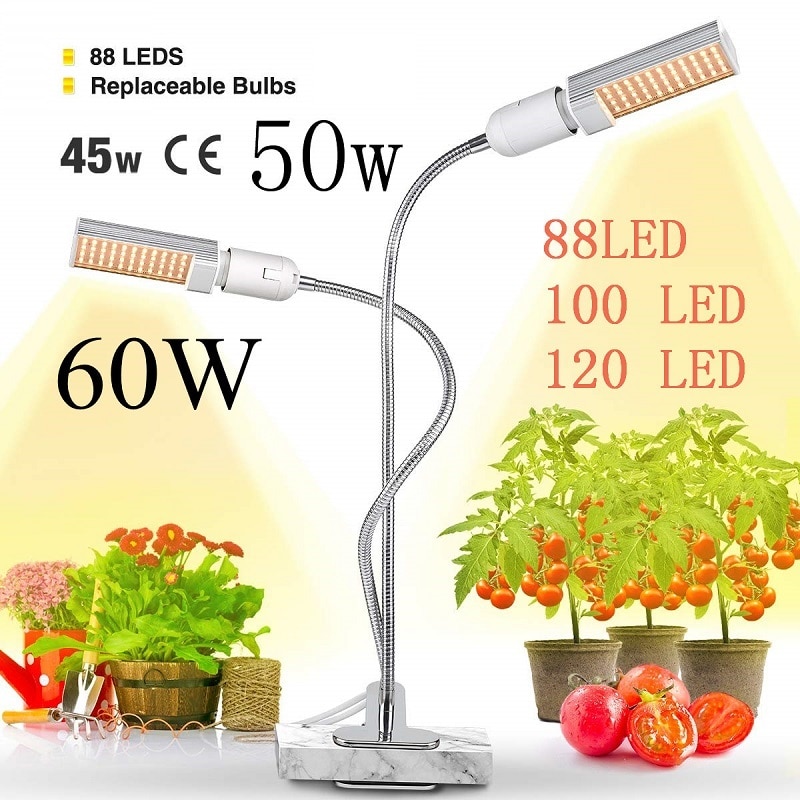 LED Plant Grow Lights Sunlike Full Spectrum 45W 50W 60W E27 Dual Head Flexible Gooseneck for Greenhouse flower Phyto lamp EU/US