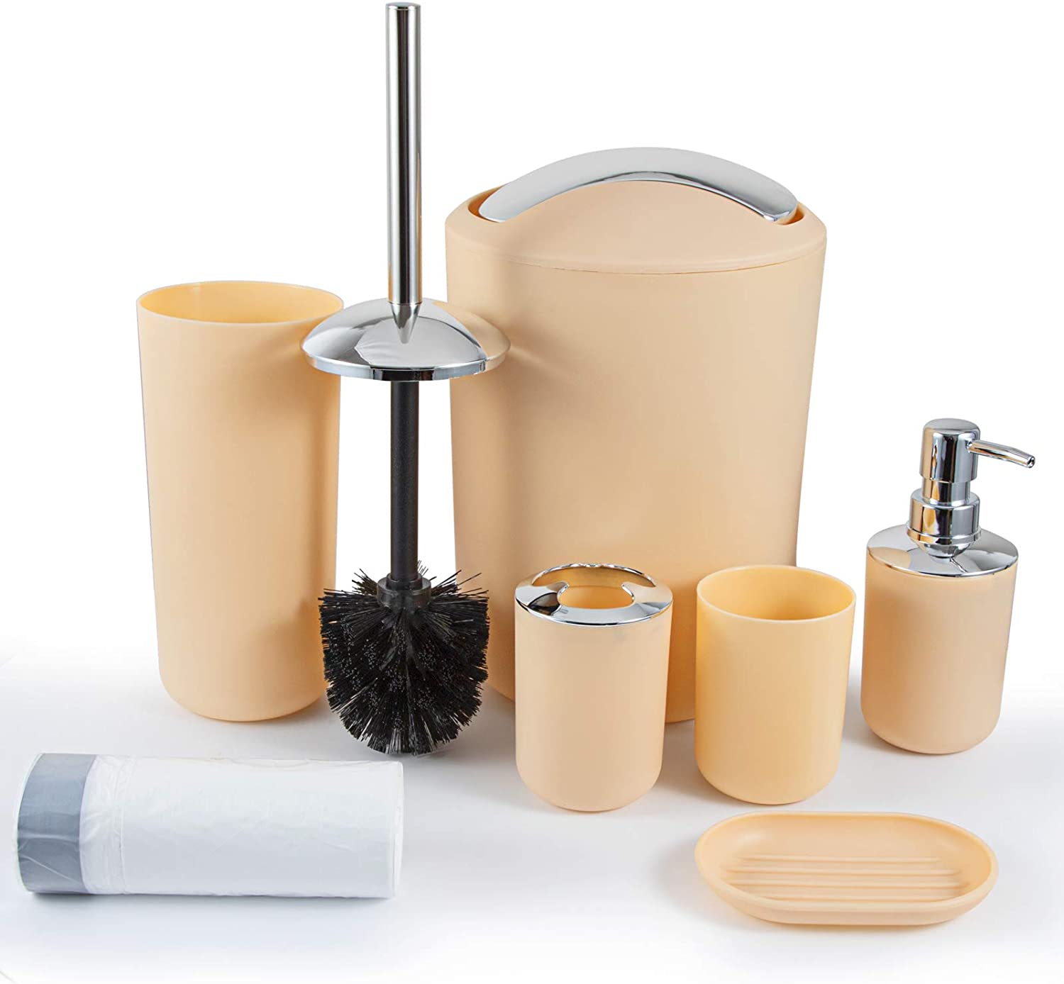 Ensemble d'accessoires de salle de bain, Ensemble d'accessoires de salle de bain, porte-savon, poubelle, brosse de toilette, gobelet, Kit de produits de première nécessité, 6 pièces: Biege
