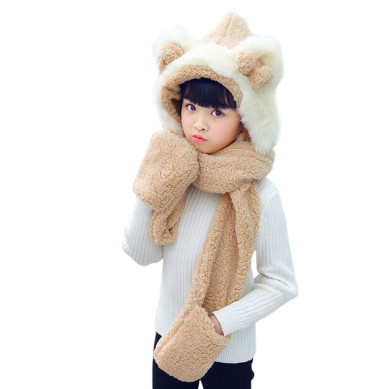 Toddler 3 In 1 Warm Plush Winter Hat Cute Bowknot Bear Ears Kids Scarf Mitten Gloves with Pockets Earflap Hoodie Cap: Beige