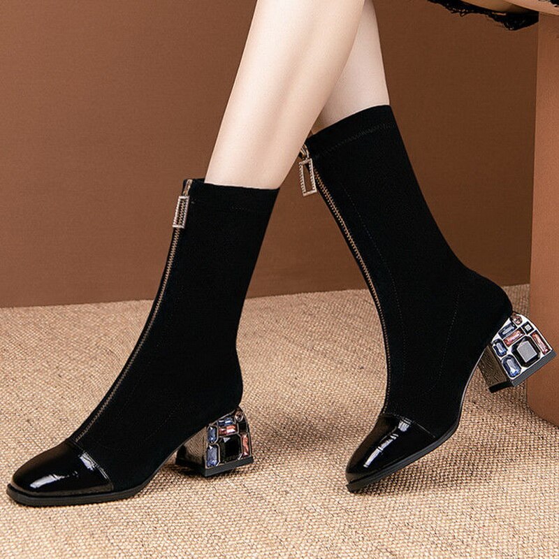 botas cortas elásticas para mujer, botas de media caña con diamantes de imitación, zapatos de otoño para mujer, puntera cuadrada, cremallera frontal para mujer, negro