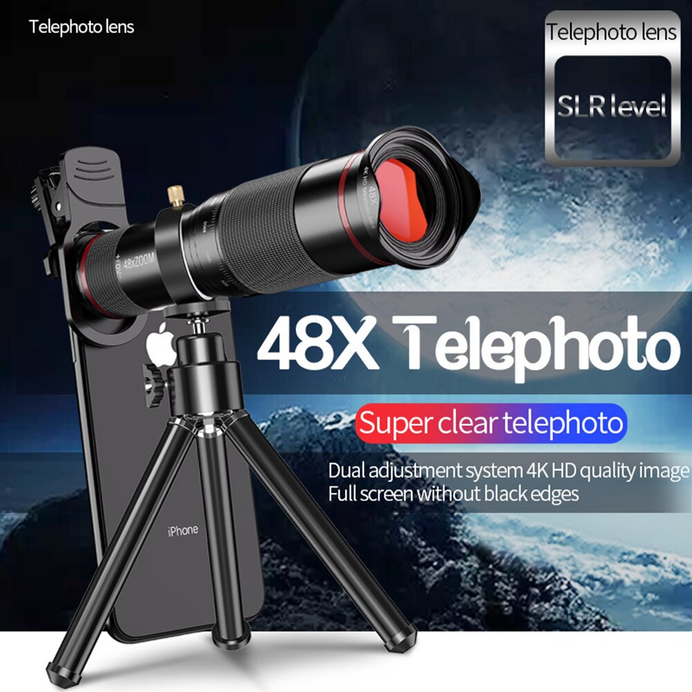 Objetivo Macro para teléfono móvil 48X HD, teleobjetivo, cámara con trípode y Telescopio de aleación para iPhone 11 Pro, Samsung Galaxy S9, Clip Universal