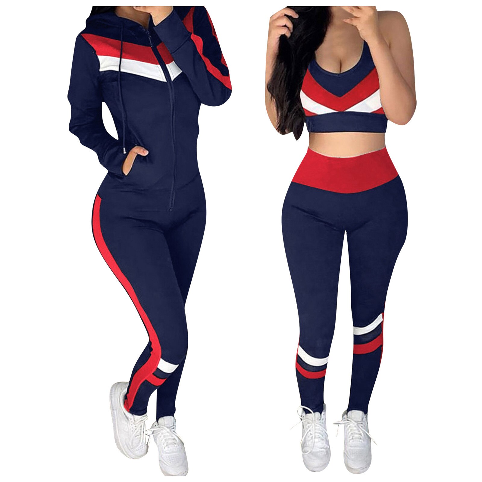 2020 nuovo Sport Set WomenSpliced Con Cappuccio Della Maglia Per Il Tempo Libero Vestito di Sport 3-pieceSuits Vestiti Delle Donne спортивные костюмы женс: Navy / S