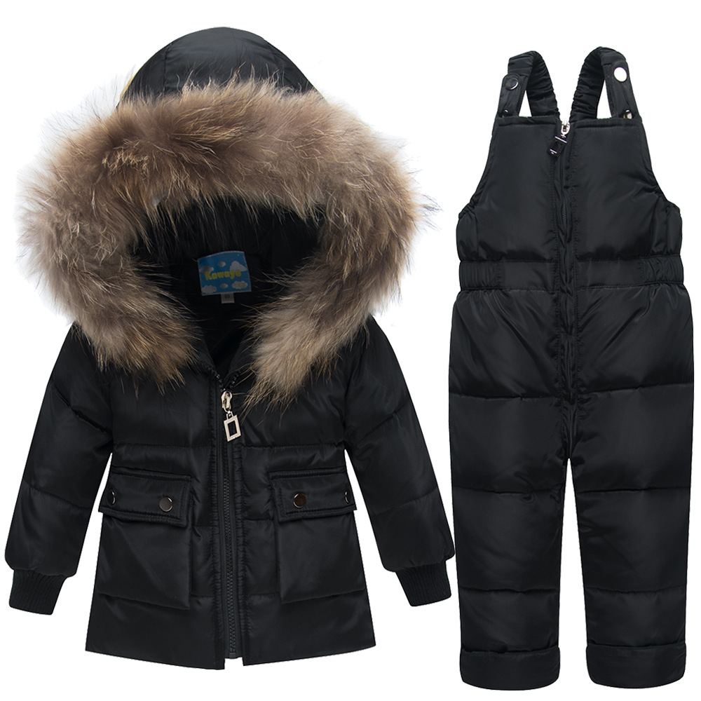 Nouvel hiver pour bébé garçon fille costume enfants canard vers le bas ensemble de vêtements bébé veste + pantalon salopette enfants vêtements Snowsuit: Black / 3T