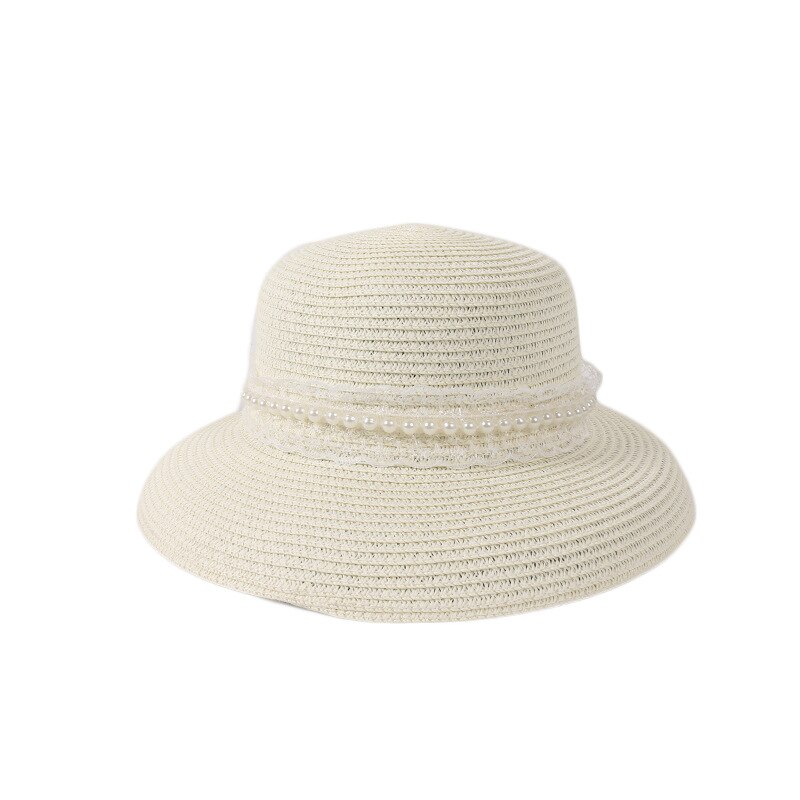 Modieuze strohoed strandhoed dames zomer strand zonnehoed buiten zonnehoed reizen grote dakrand zonnehoed: Melkwit lint