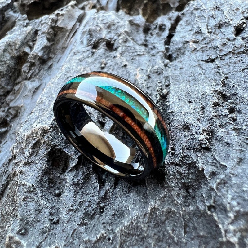 Anillo de tungsteno negro de 8Mm para hombres y mujeres, anillo de compromiso de boda, joyería de , incrustaciones de madera de Koa de ópalo verde, ajuste cómodo