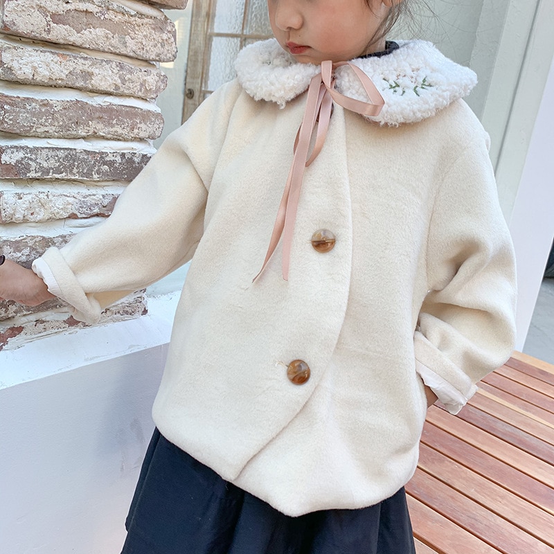 Manteau duffle-coat chic pour filles coréennes automne et hiver veste à col rond pour enfants vêtements manteau surdimensionné pour enfants sans col en flanelle