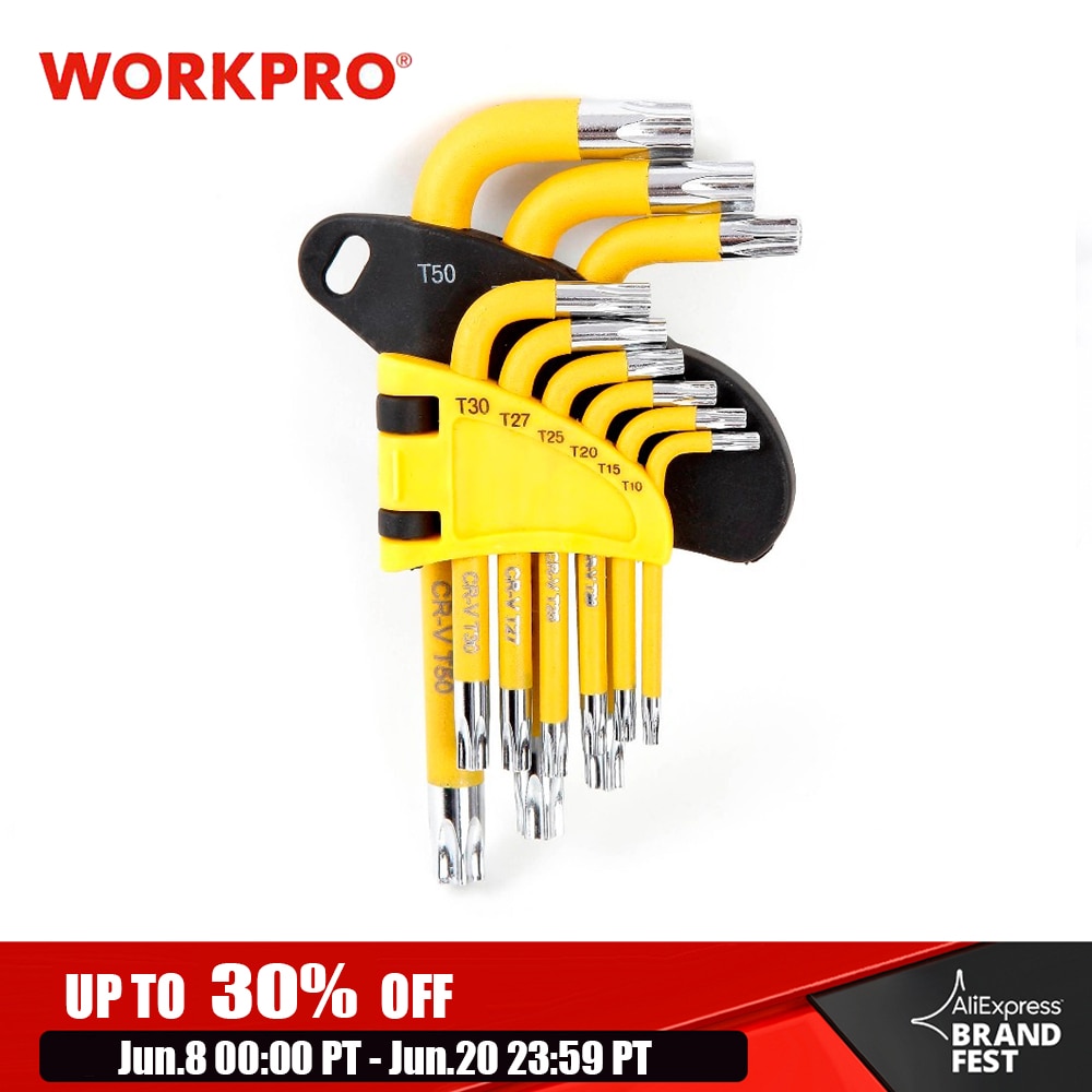 WORKPRO Yellow 9pcs torx Key Wrench Set Short Arm Star Key Set CR-V SAE Metric Allen Wrench Tool Set T10-T50