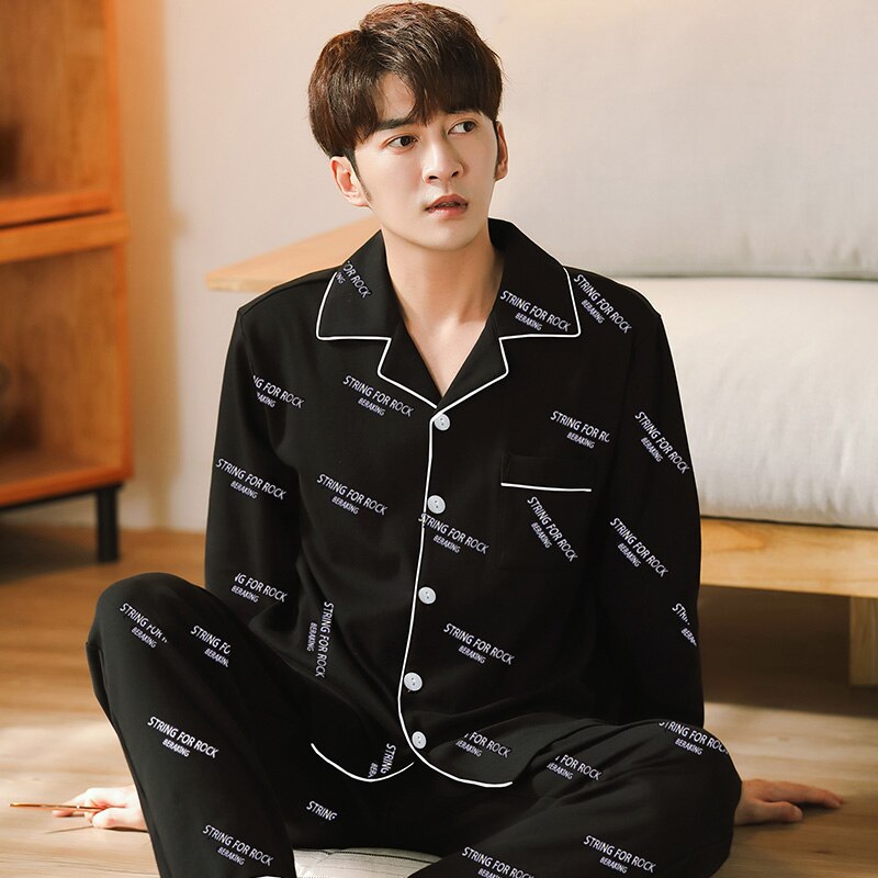 Men&#39;s Letter Cotton Pyjamas Homme 2 Pieces Lounge Sleepwear Pijama Autumn Bedgown Home Clothes Man PJs Pure Cotton Pajamas Set