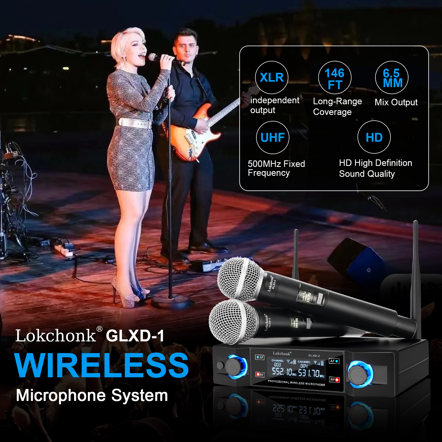 GLXD2 Wireless Microphone System Dual Channel UHF Fixed Frequency Cordless Handheld Dynamic Mic For Karaoke Party