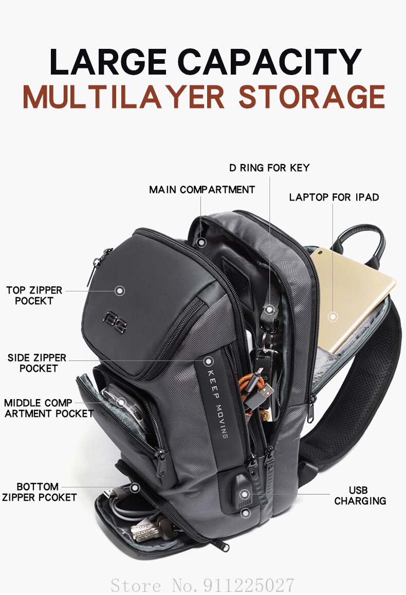 Xiaomi Cross Body Shoulder Sling Bag Waterproof USB Charging Chest Packs Men Sports Outdoor Leisure Crossbody Trip Pack