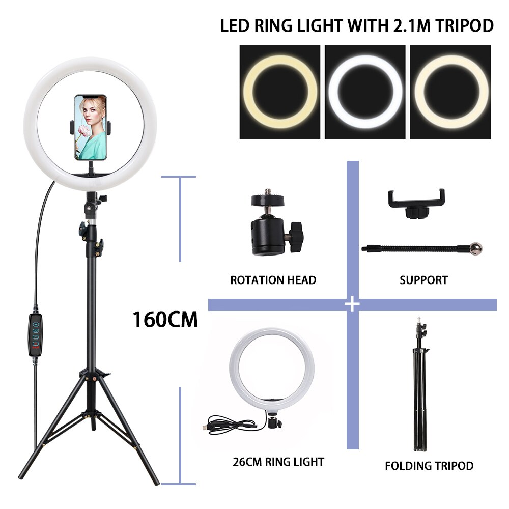 10in LED Selfie Anello di Luce With2.1mTripod Illuminazione Fotografica Con La Luce Della Lampada Ring Per Rendere Per Mobile Youtube Il Treppiedi Per Il Telefono: 26cm ring light1.6m
