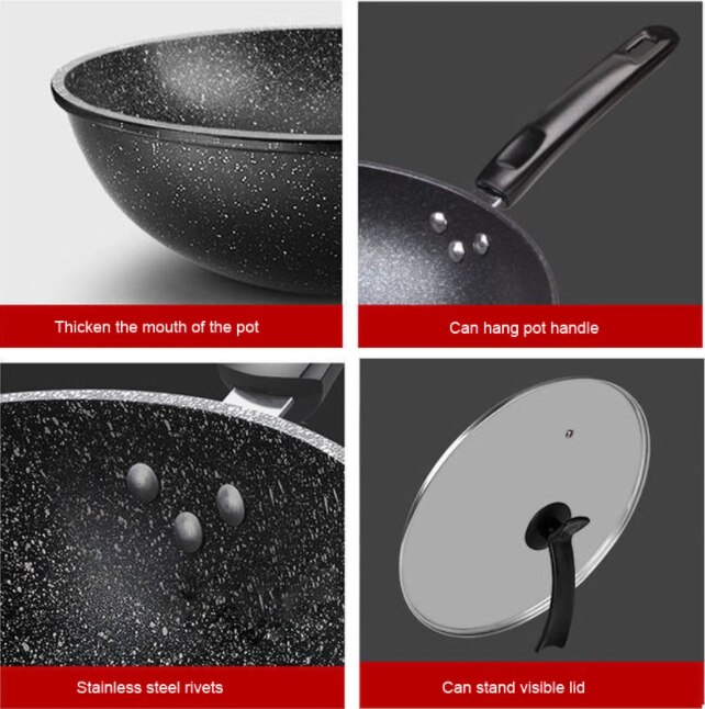 Frying Pan High-end Home Non-stick Plastic Handle Rice Stone Wok Super Cost-effective Scrambled Eggs Pan-free Pan Wok Pans
