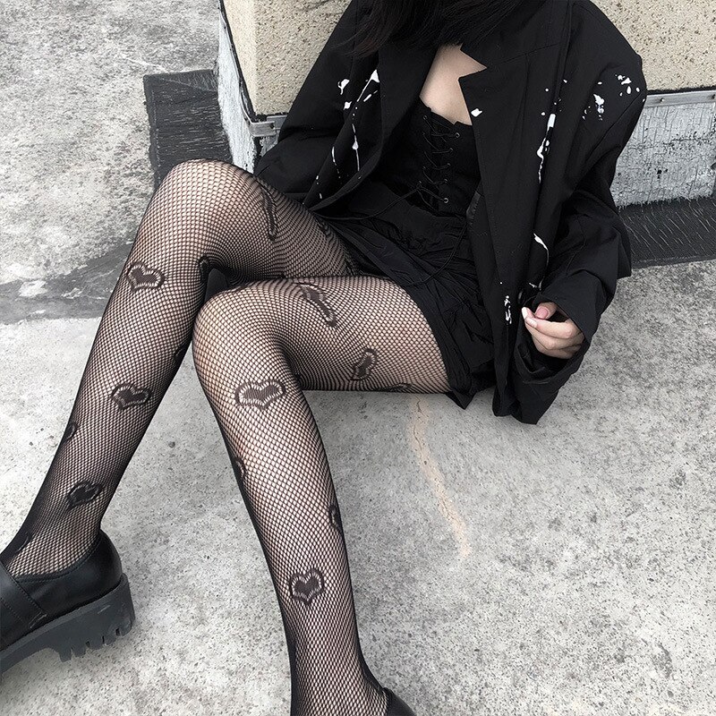 Women Fishnet Heart Pringting Tights Transparent Black Logo Tights Hollow out Moon print Pantyhose Thin Stockings