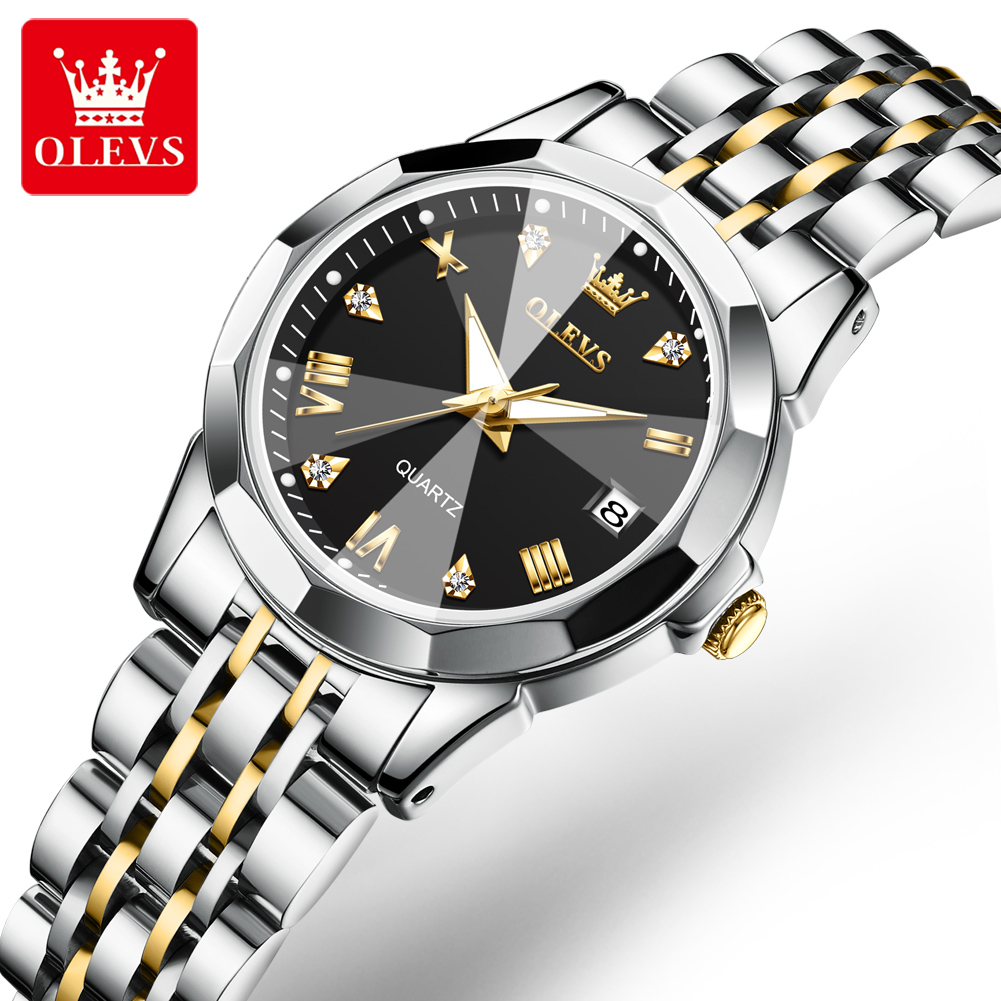 OLEVS-Reloj dorado de lujo para mujer, pulsera de acero inoxidable, , de cuarzo con rombos, resistente al agua: Marrón