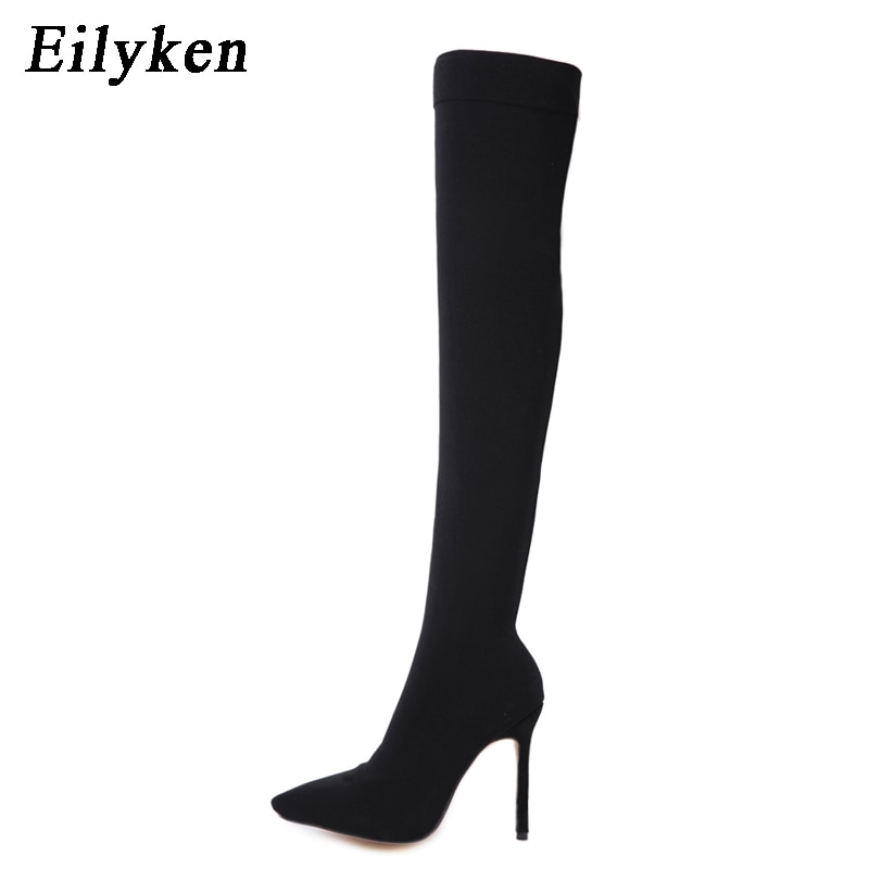 Eilyken Zwarte Vrouwen Dij Hoge Laarzen Mode Elastische Slanke Hoge Hakken Over De Knie Laarzen Sexy Skinny Lange Sok Laarzen schoenen