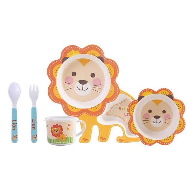 Juego de vajilla de fibra de bambú para bebés, juego de 5 unidades de platos para bebés, plato con separación de dibujos animados para niños, Bol, tenedor, cuchara, vasos, suministros de alimentación