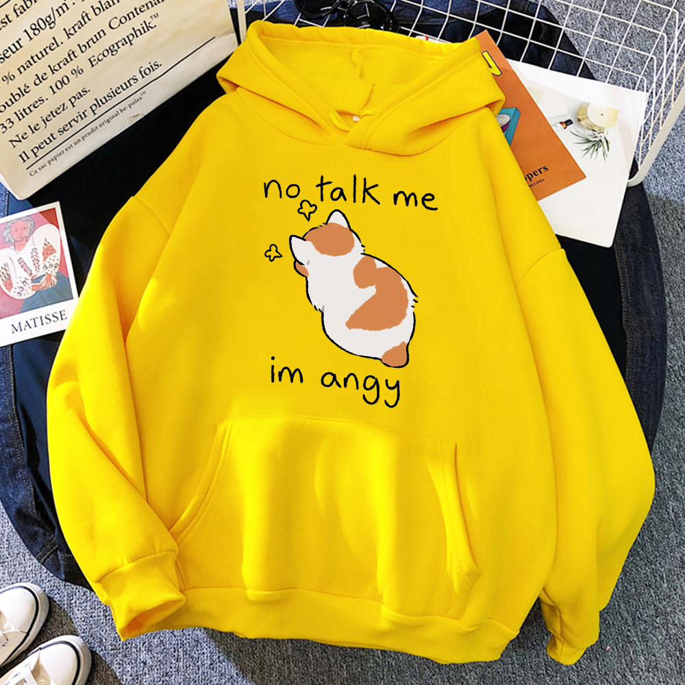 No Talk Me-Sudadera con capucha con estampado de gato enojado para mujer, sudaderas suaves de Hip Hop, jerséis de lana informales, ropa de calle de lana de gran tamaño para mujer