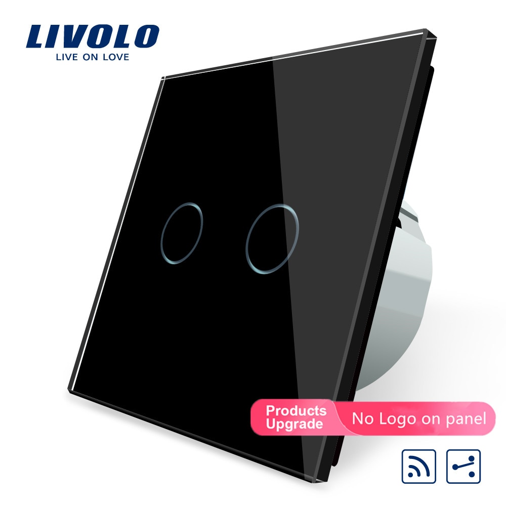 Livolo EU standard Remote Switch, VL-C702SR-12,2 Gang 2 Way Wireless Remote Wall Light Remote Switch, Black Crystal Glass Panel