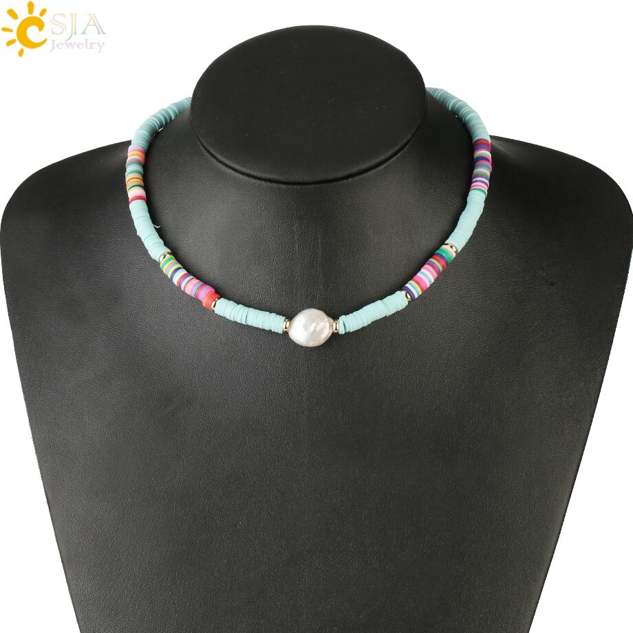 CSJA Böhmischen Perle Halsketten für Frauen Regenbogen Weichen Keramik Reize Boho Halskette Bunte Perle Ethnischen Stil Schmuck S538: D