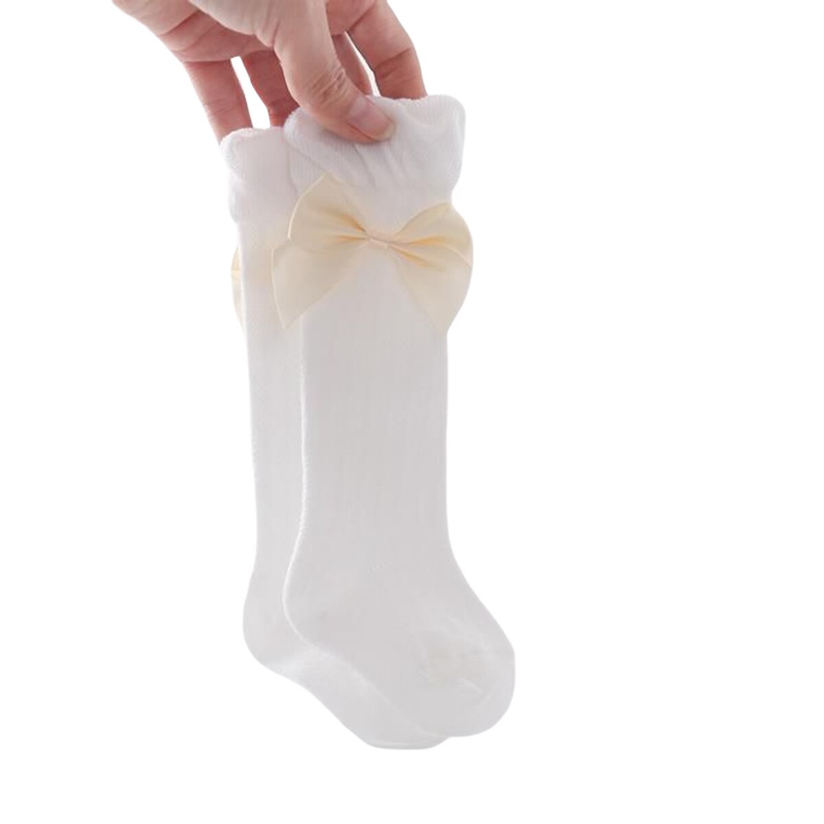 Babysokjes met strik, katoenen sokken, ademend, lange, warme sokken voor meisjes van 0-3 jaar, winter: Wit / 0 to 6 maanden