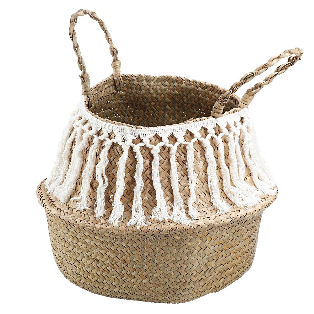 Handmade Home Decor Macrame Tassel Wicker Basket Seagrass Garden Flower Pot Foldable Laundry Storage Rattan Basket Toy Holder