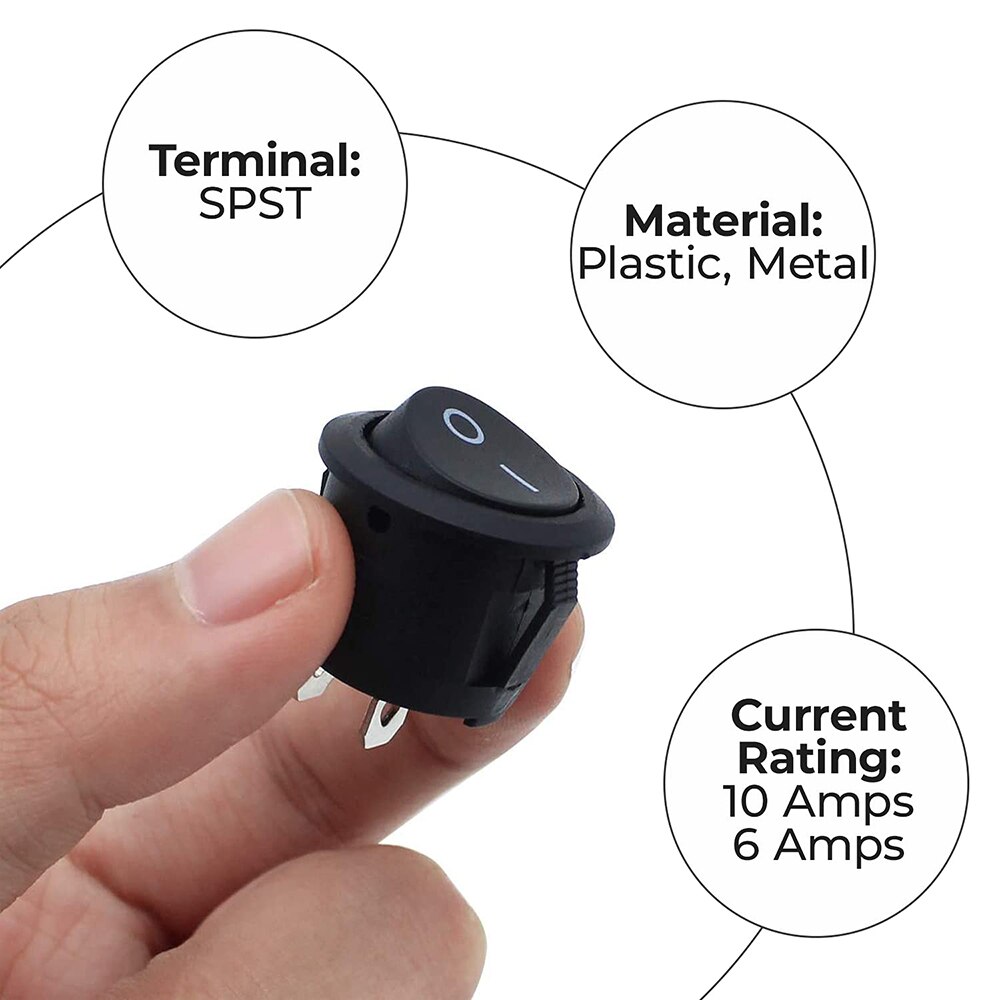KCD1 Black Round Rocker Switch 10Pcs On Off 2 Pin AC 6A(250V) 10A(125V) SPST Press Toggle Button for Auto Boat Marine Car Light