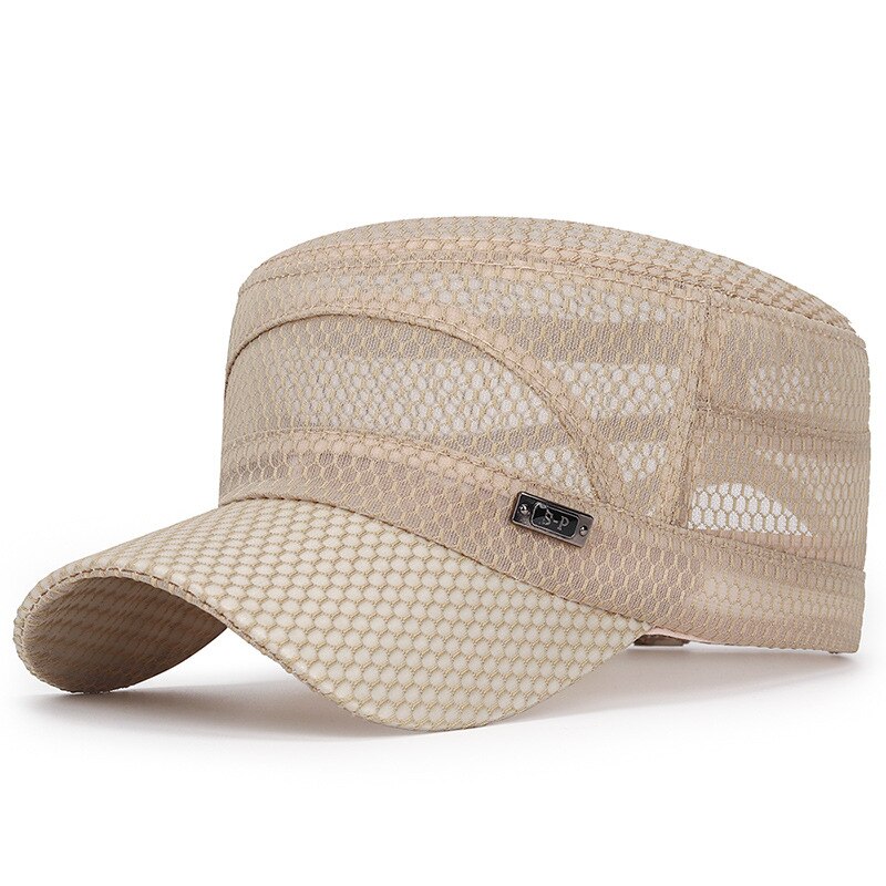 Unisex zomer platte pet dames heren ademend mesh hoed effen kleur buiten vissen sport zonnehoed casual zonnebrandcrème petten hoofdbedekking: Beige