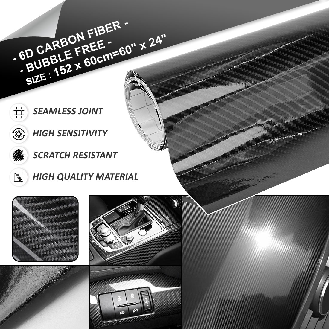 Uxcell 3D 4D 5D 6D de fibra de carbono burbuja de estirable coche película de vinilo adhesivo 152x60 cm/100 cm x 50 cm/152 cm x 30 cm/300x50 cm