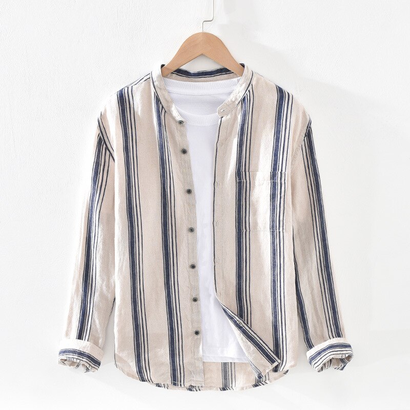 Retro overhemd voor heren zuiver linnen ademend gestreept mandarijnkraag casual gml 03-1937: Abrikoos / Xxxl