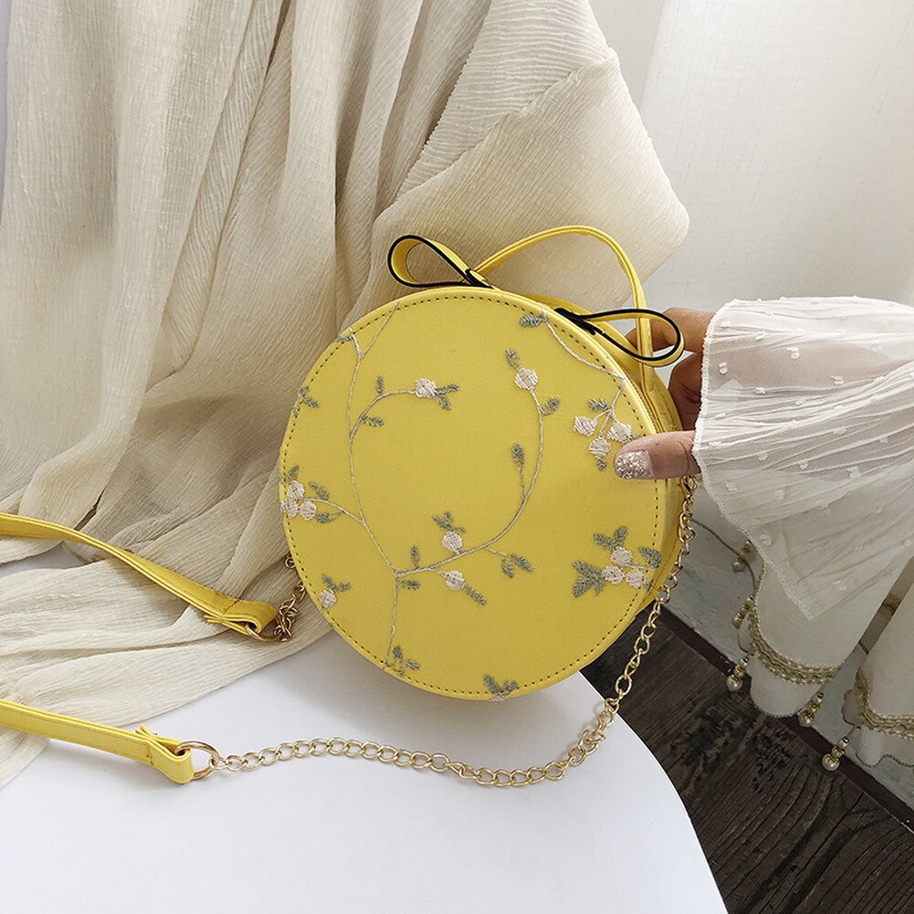 Süße Spitze Runde Handtaschen PU leder Frauen Umhängetaschen Weibliche Kleine Frische Blume Kette Schulter