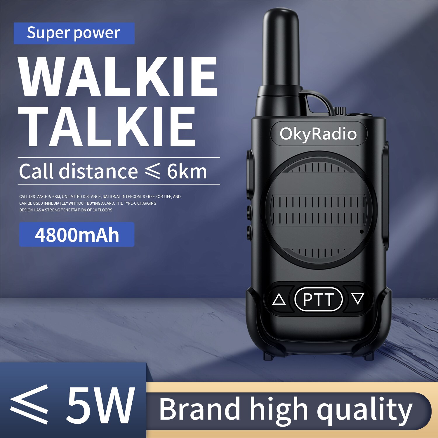 5w Power Work Walkie-talkie 6km Call 4800mAh Battery Portable Waterproof Strong Anti Real-time Walkie-talkie