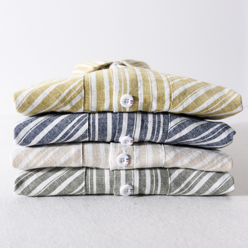 Gestreepte katoenen en linnen merk heren overhemd comfortabele shirts met lange mouwen voor heren trendy gestreept overhemd heren camisa chemise