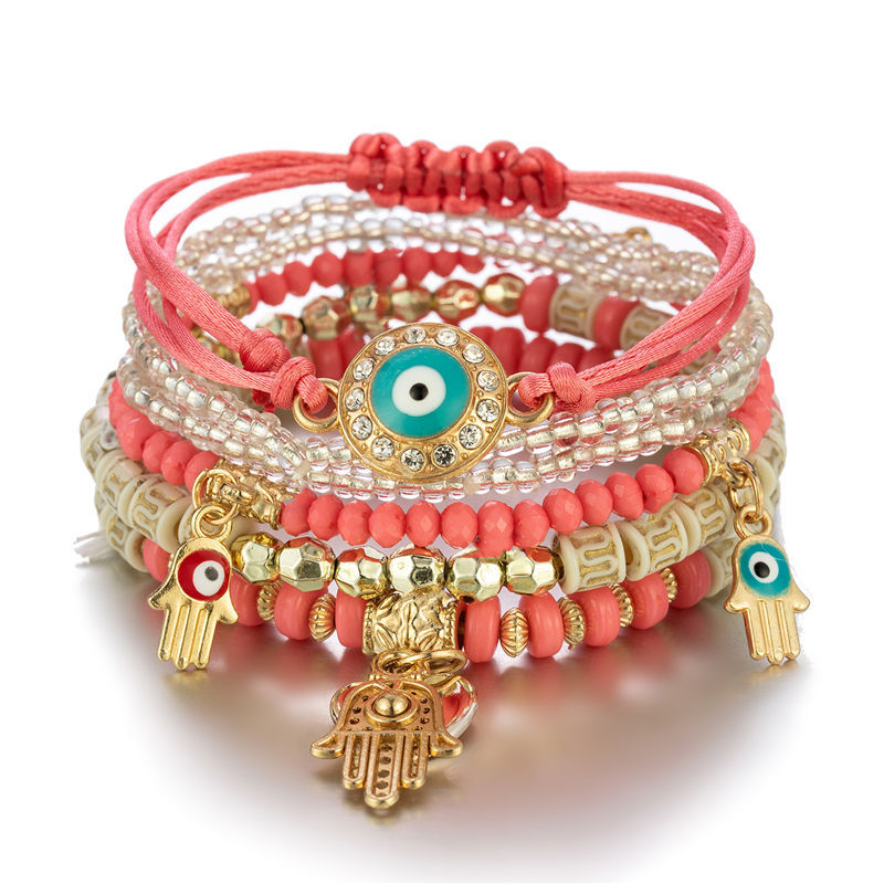 conjunto de pulsera con borlas de mal de ojo para mujer, abalorio de mano de Fátima de cristal, brazalete de cadena con cuentas de piedra, de joyería bohemia para mujer: PLATEADO