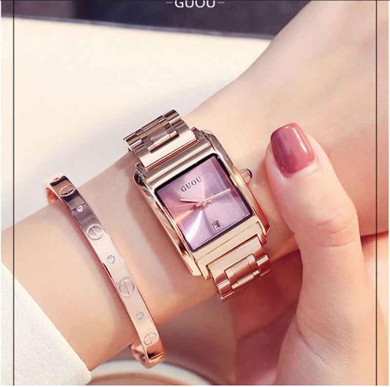 Dameur dameure guou rosa guld armbåndsur rustfrit stål auto date ur ur relogio feminino saat: Lyserød