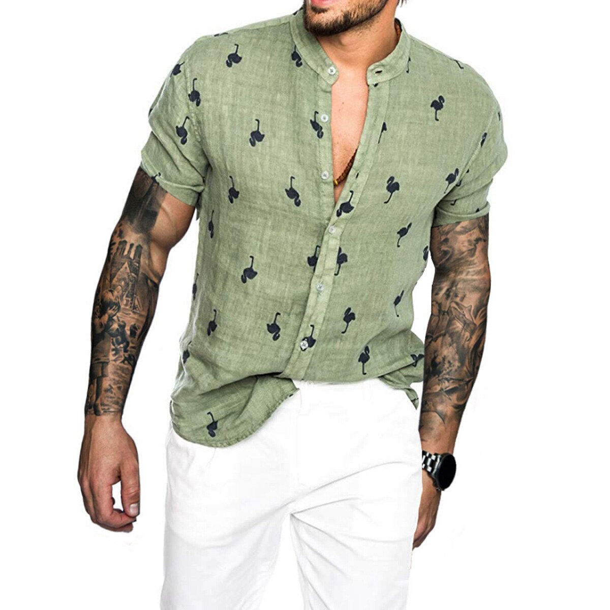 Sommer skjorter med korte ærmer til mænd med tryk overdele herre slim fit knap foran skjorter fugle mønstertryk bluse afslappet skjorter toppe: Grøn / Xl