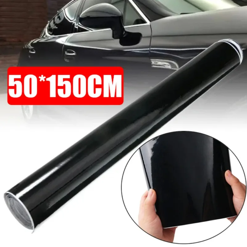 Film autocollant noir brillant pour carrosserie de voiture, décalcomanies rondes en vinyle, film auto-adhésif pour vélo, film proxy, 150x50cm