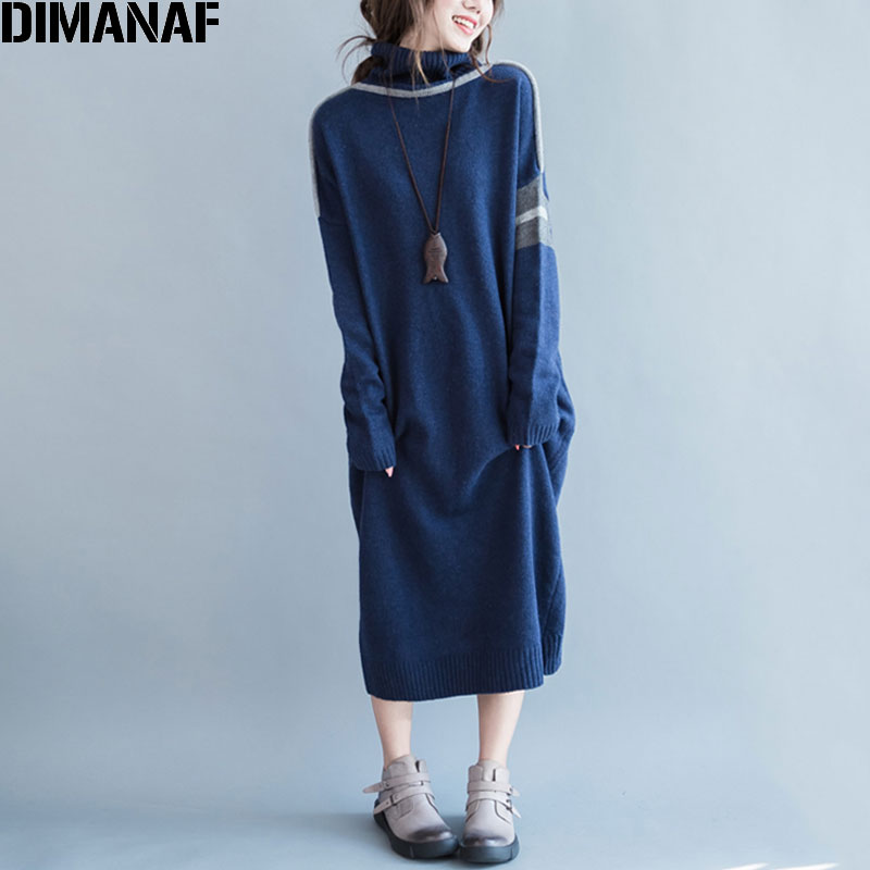 Vestido de talla grande para mujer, de algodón, liso, jerséis, informal, de cuello alto, tejido a la , azul, cálido, para invierno