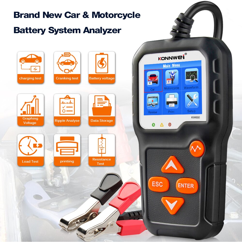 KW650 Car Motorcycle Battery Tester 6V/12V Battery System Analyzer 2000CCA Charging Cranking Test Charging Test Tool for The Car