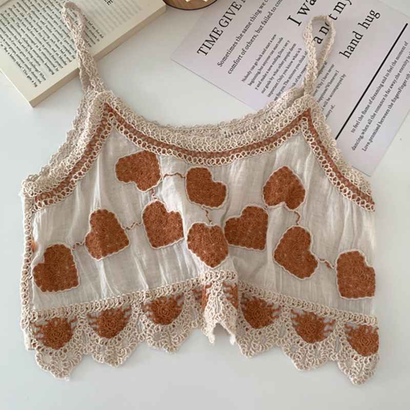 Camisola Vintage de lino y algodón para mujer, Top corto con tirantes finos y bordado de corazón a rayas, chaleco de ganchillo para playa