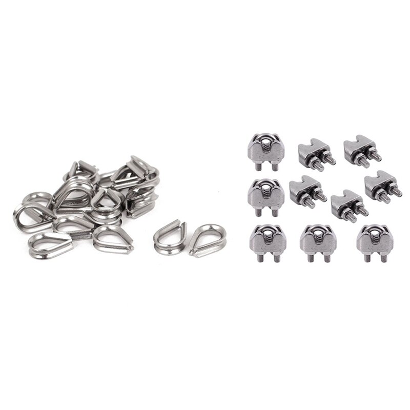 20 Pcs Stainless Steel 2mm Wire Rope Cable Thimbles & 10Pcs 2mm 1/16 Inch Stainless Steel Wire Rope Cable Clamp Fastener