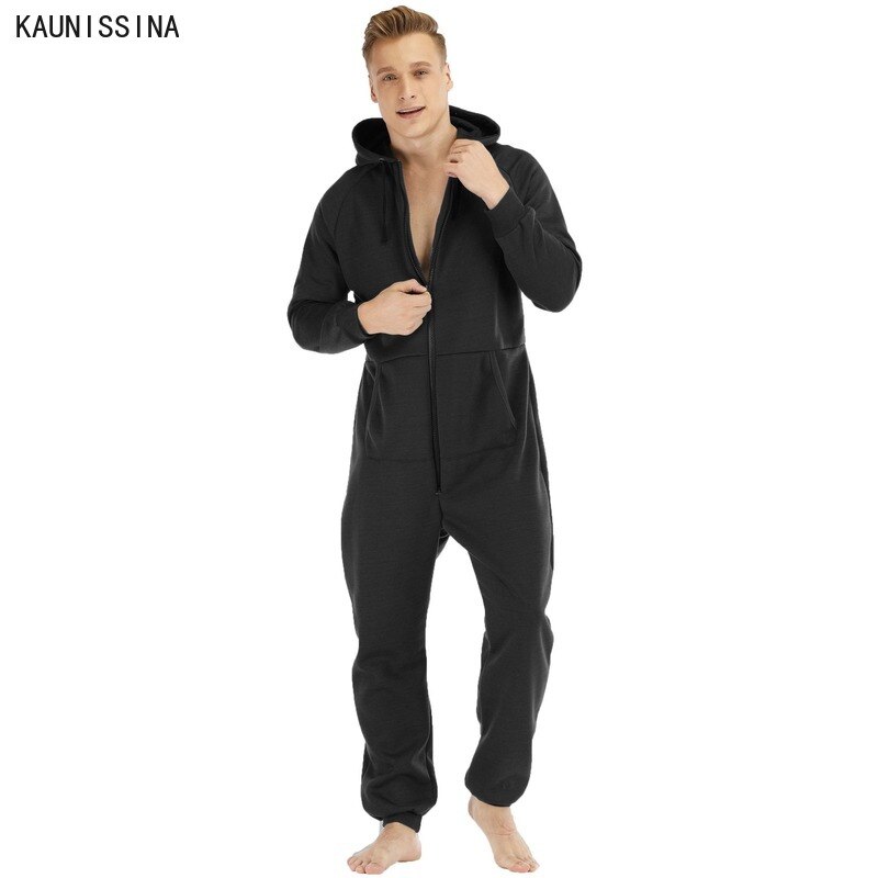 Ensemble pyjama épais pour homme, vêtements d'hiver, manches longues, capuche, fermeture éclair à l'avant, doublure polaire, tenue longue