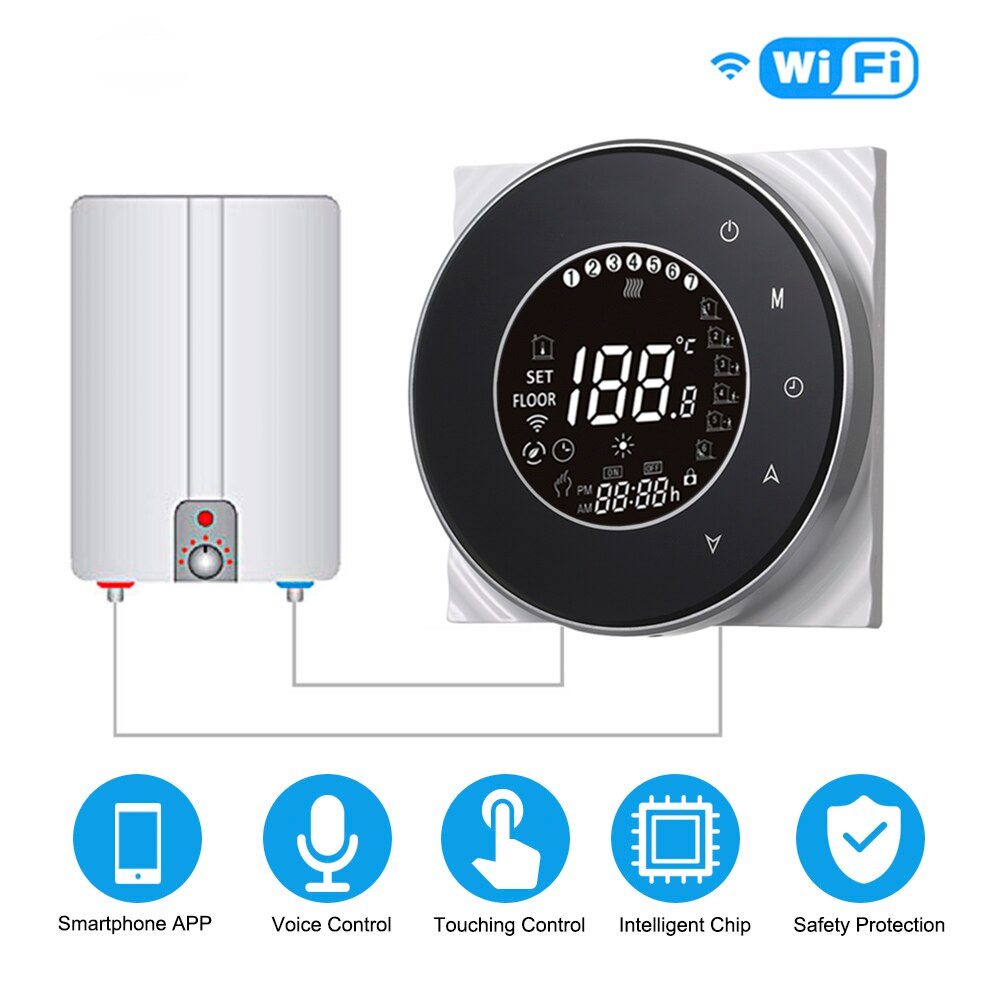 BHT-6000-GCLW Water/Gas Boiler Thermostat Backlight WIFI Weekly Programmable LCD Touch Screen Works with Alexa Google home: GC black with wifi