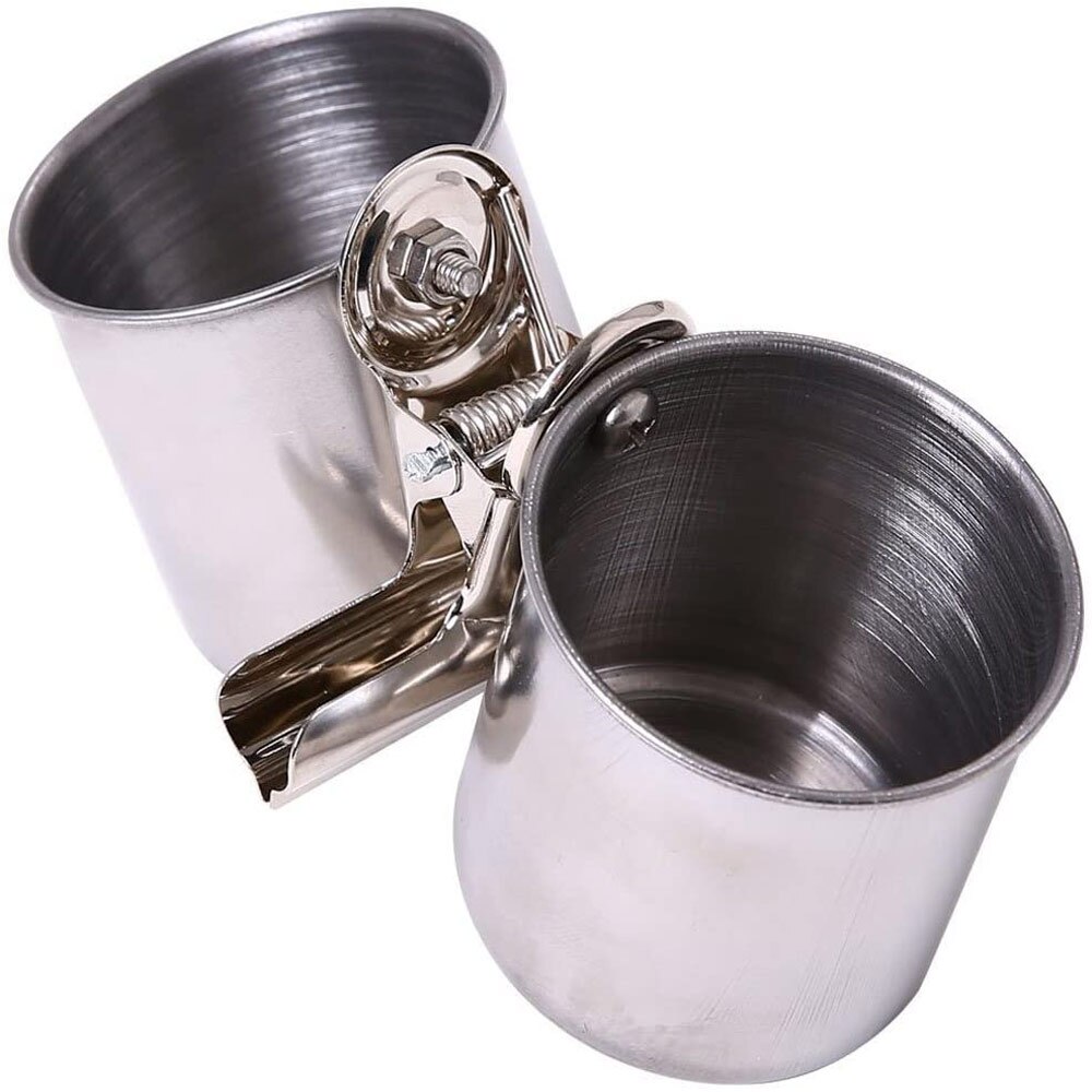 Food Water Feeding Bird Double Cups With Clip Stainless Steel Parrot Feeder Cup Pet Cage Stand Feed Cup Double Cups