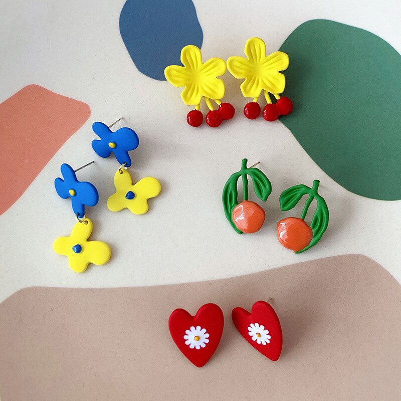 Koreansk stil ins originale sjove frugt kirsebær øreringe dejlige daisy øre klips olie maling rødt hjerte blomster klip på øreringe