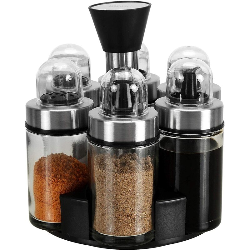 6 Flessen Olijfolie Azijn Dispenser En Zout Peper Shaker Set, Premium Glas Kruiderij Set Met Roterende Houder: Default Title