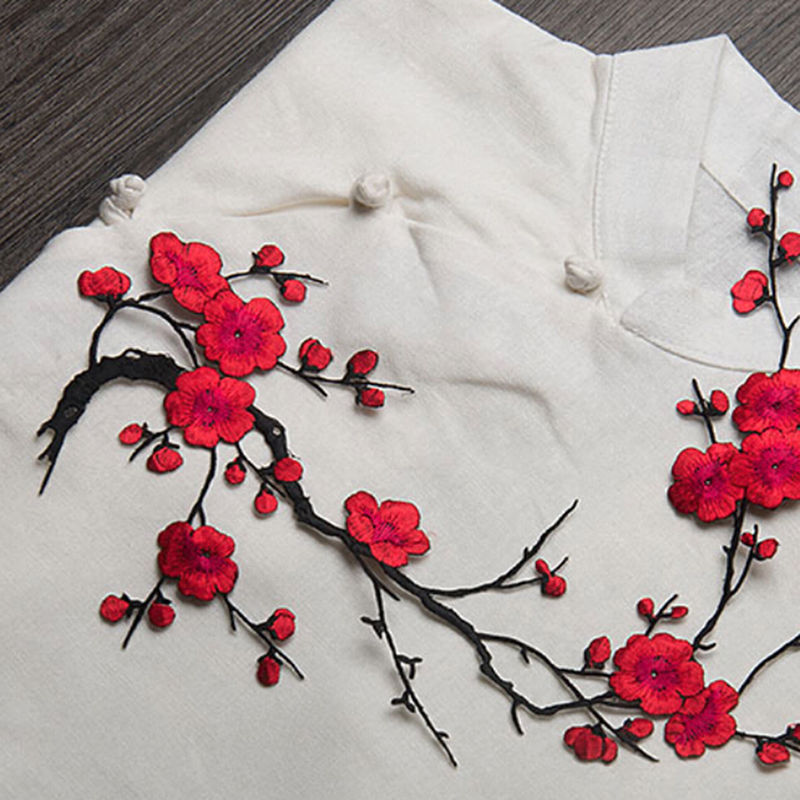 Plommonblom blomma applikation kläder broderi lapp tyg klistermärke stryk på sy på lapp hantverk sömnad reparation broderad