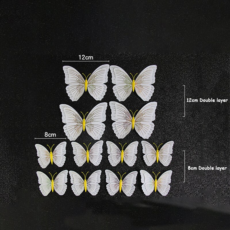 Autocollant mural papillon 3D Double couche, 12 pièces, pour la décoration de la maison, aimant pour réfrigérateur, colle gratuite
