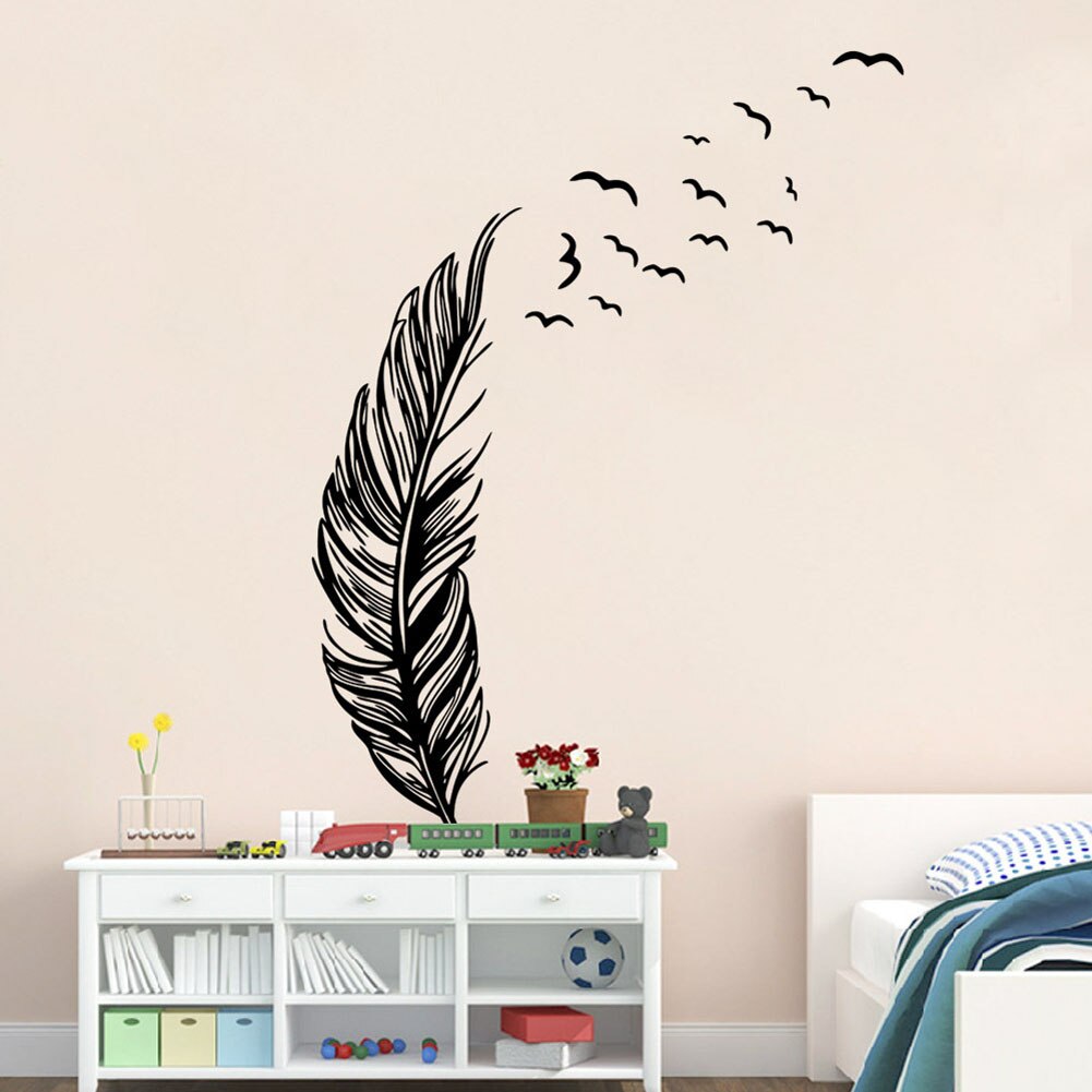 Sort fjer mønstre wallsticker vandtæt aftagelig vinyl fugle flyvende fjer soveværelse hjem mærkat vægmaleri kunst dekoration