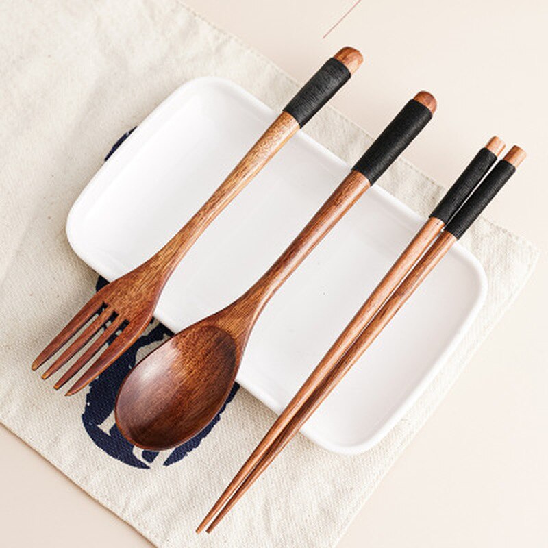 Portable Tableware Vintage Japanese Wood Chopsticks Spoon Fork Travel Dinnerware Suit Environmental Travel Wooden Cutlery Set