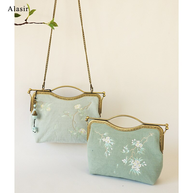 Alasir Original Artsy Bag Chinese Style Bags Vintange Women Handbags Cotton and Linen Crossbody Bags Embroidery Flowers Frame